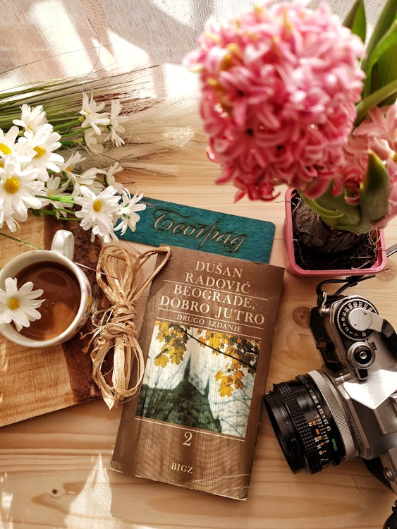 Vintage photo camera novel and flowers with coffee cup