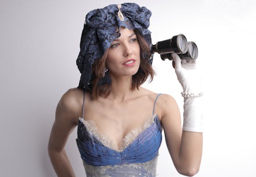 一位优雅的女人身着复古蓝色连衣裙，头戴别致头饰，手持双筒望远镜的肖像