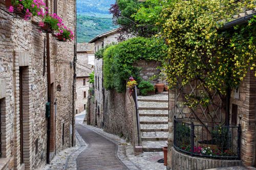 Free Picturesque cobblestone street in Spello, Italy with flowering plants and stone houses. Stock Photo