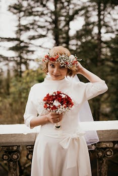 A smiling bride in a white wedding dress with a floral crown, holding a red and white bouquet outdoors.