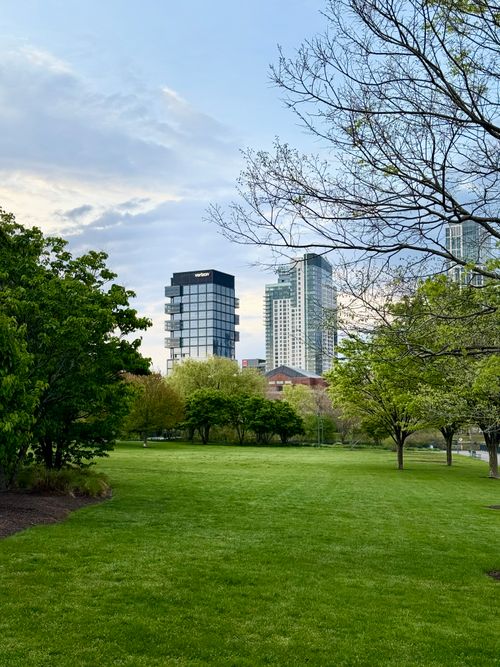 Free Lush green park in Cambridge with urban skyscrapers in the background during spring. Stock Photo
