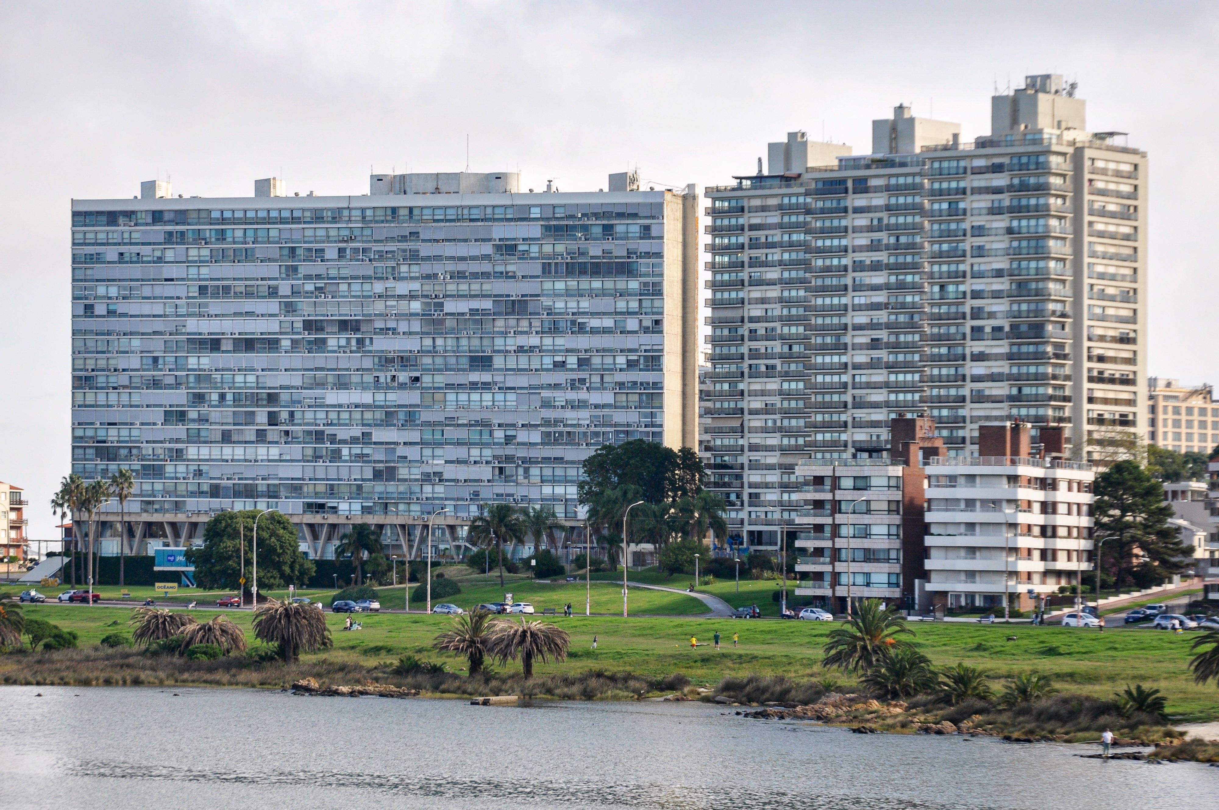 Scenic view of modern high-rise buildings near a park in Montevideo, Uruguay.