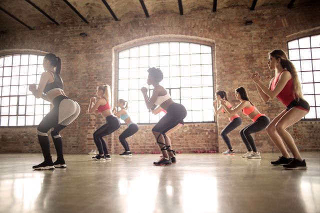 A group squatting together in a fitness class