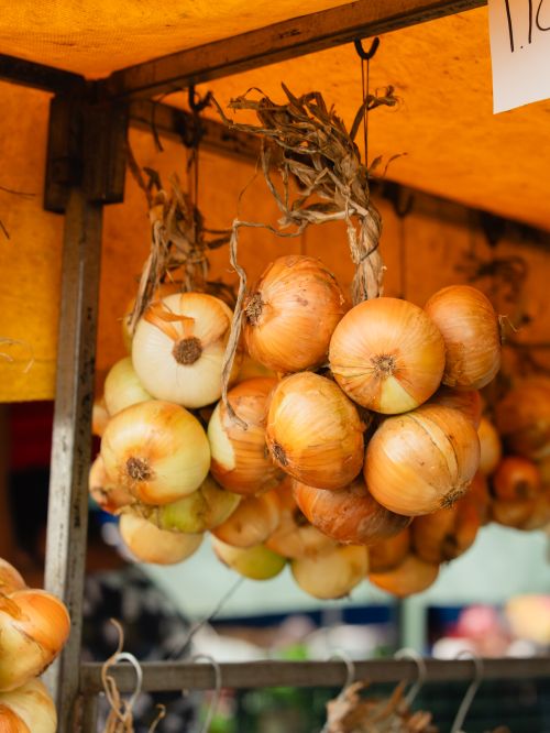 Free Hanging bunches of onions displayed under a yellow canopy at a vibrant local market. Stock Photo