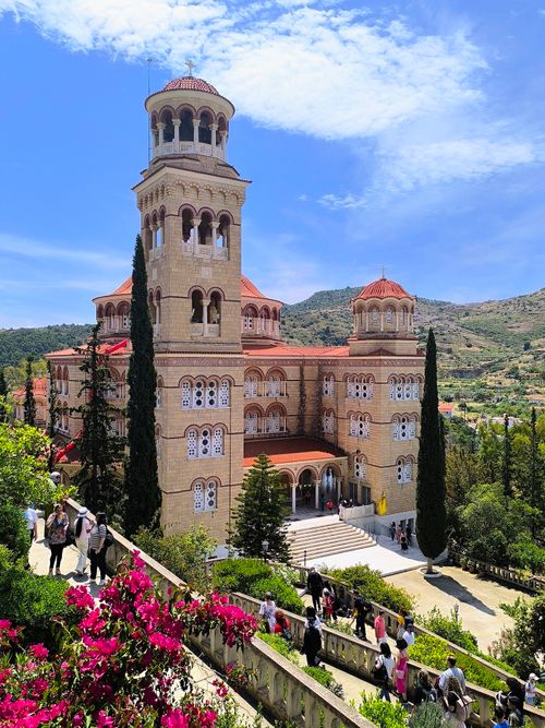 Free A stunning view of the Agios Nektarios Monastery with vibrant surroundings in Greece. Stock Photo