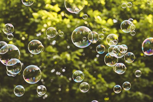 Free Clear soap bubbles floating in a sunlit forest, creating a whimsical and playful atmosphere. Stock Photo