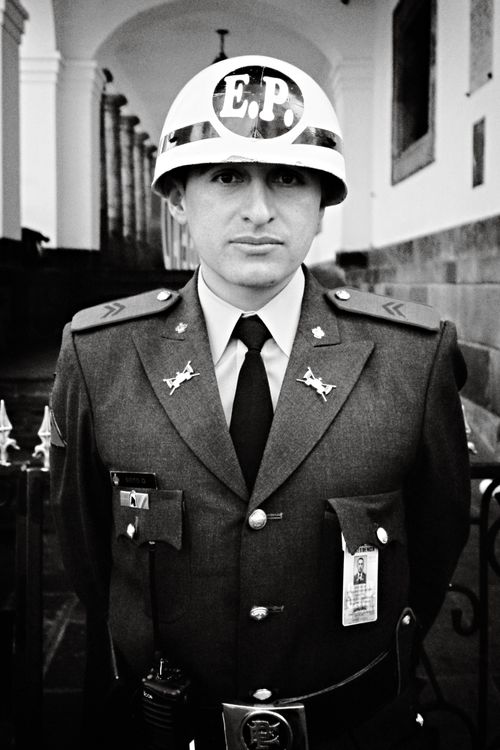 Free Black and white portrait of an Ecuadorian military guard in uniform at the Presidential Palace in Quito. Stock Photo