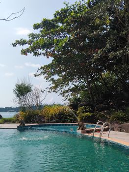 Serene tropical pool surrounded by lush greenery and a calm lake view.