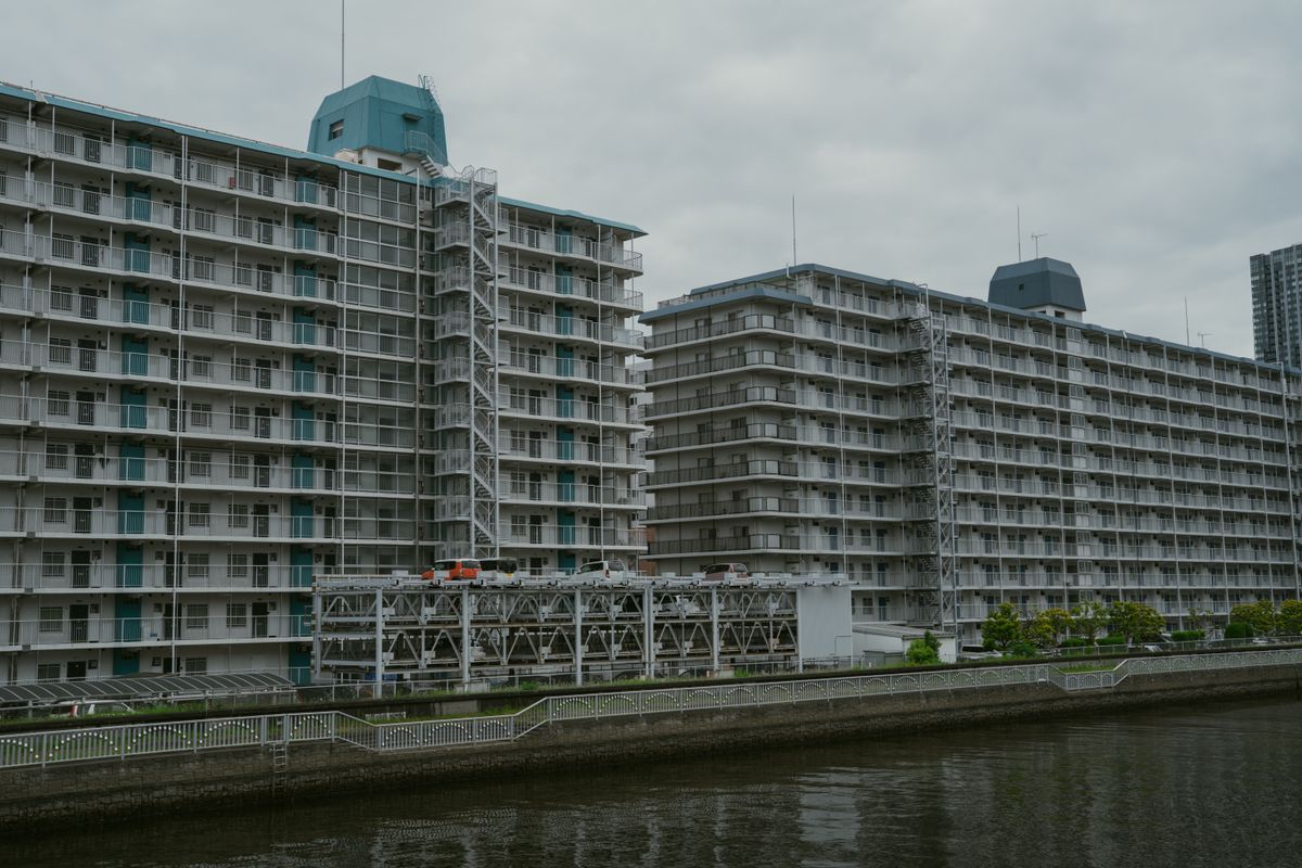 Modern apartment buildings in an urban Japanese neighborhood