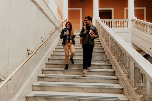 Free Two university students chatting while descending a marble staircase indoors. Stock Photo