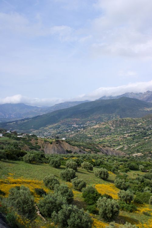 Free A breathtaking view of green valleys and distant mountains under a cloudy sky. Stock Photo