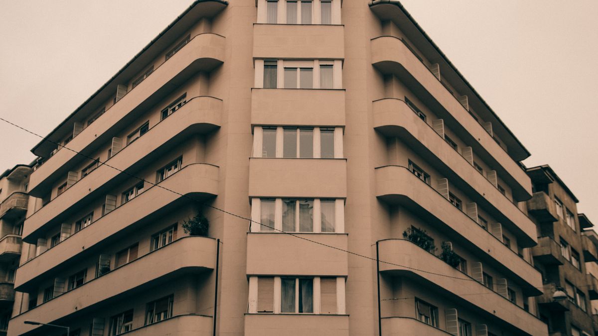 Stylish Art Deco building facade in Budapest, Hungary captured in muted tones.