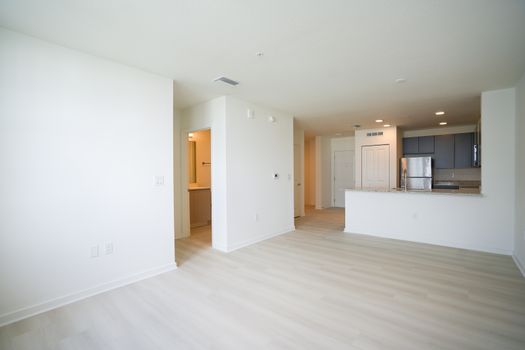 Bright open-plan layout with a modern kitchen featuring stainless steel appliances.