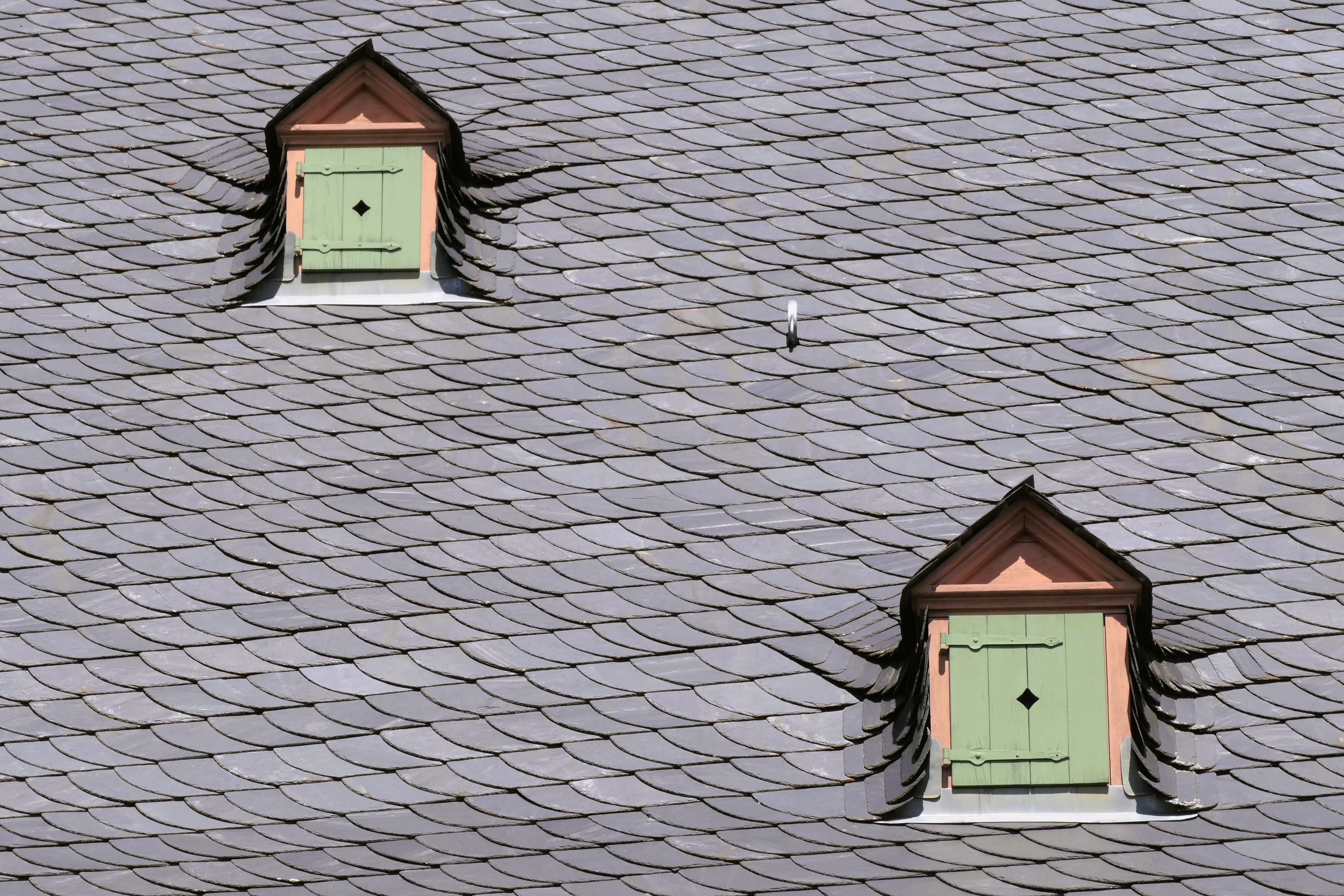 Close-up of a slate rooftop featuring dormer windows under daylight in Leicestershire