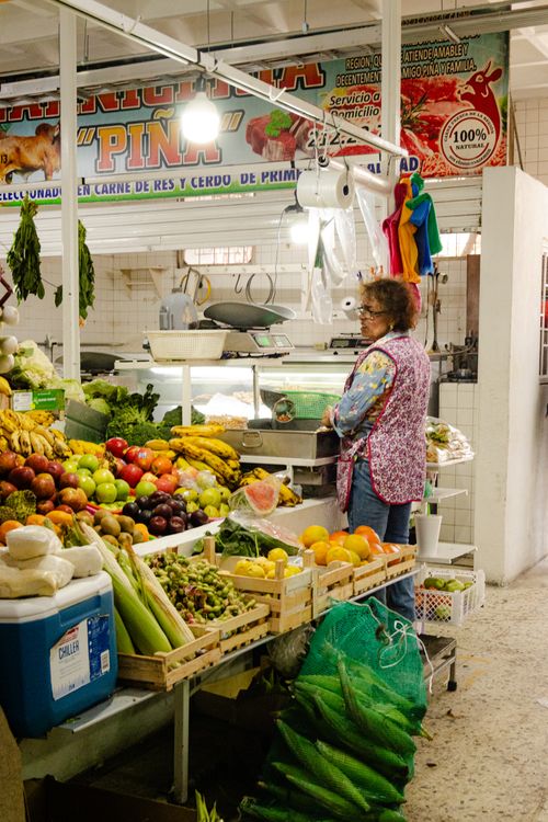 Free A colorful display of fresh fruits and vegetables at a bustling market in Tepic, Nayarit, Mexico. Stock Photo