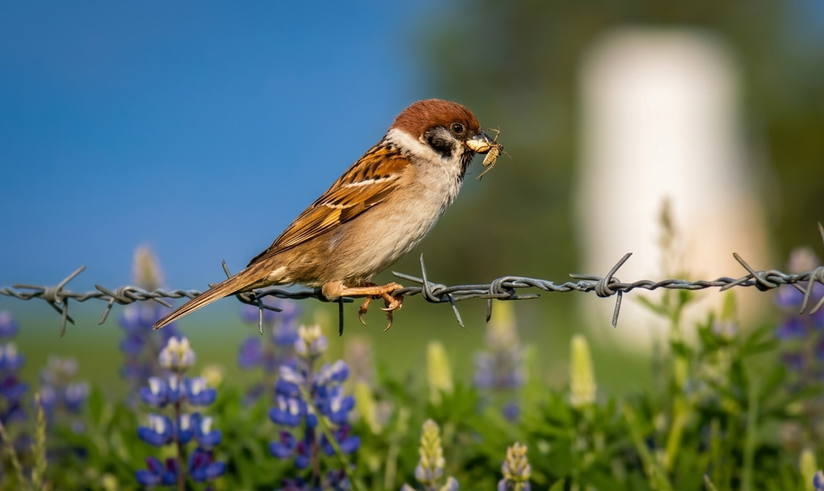 Sparrow with Insect on Barbed Wire in Spring · Free Stock Photo