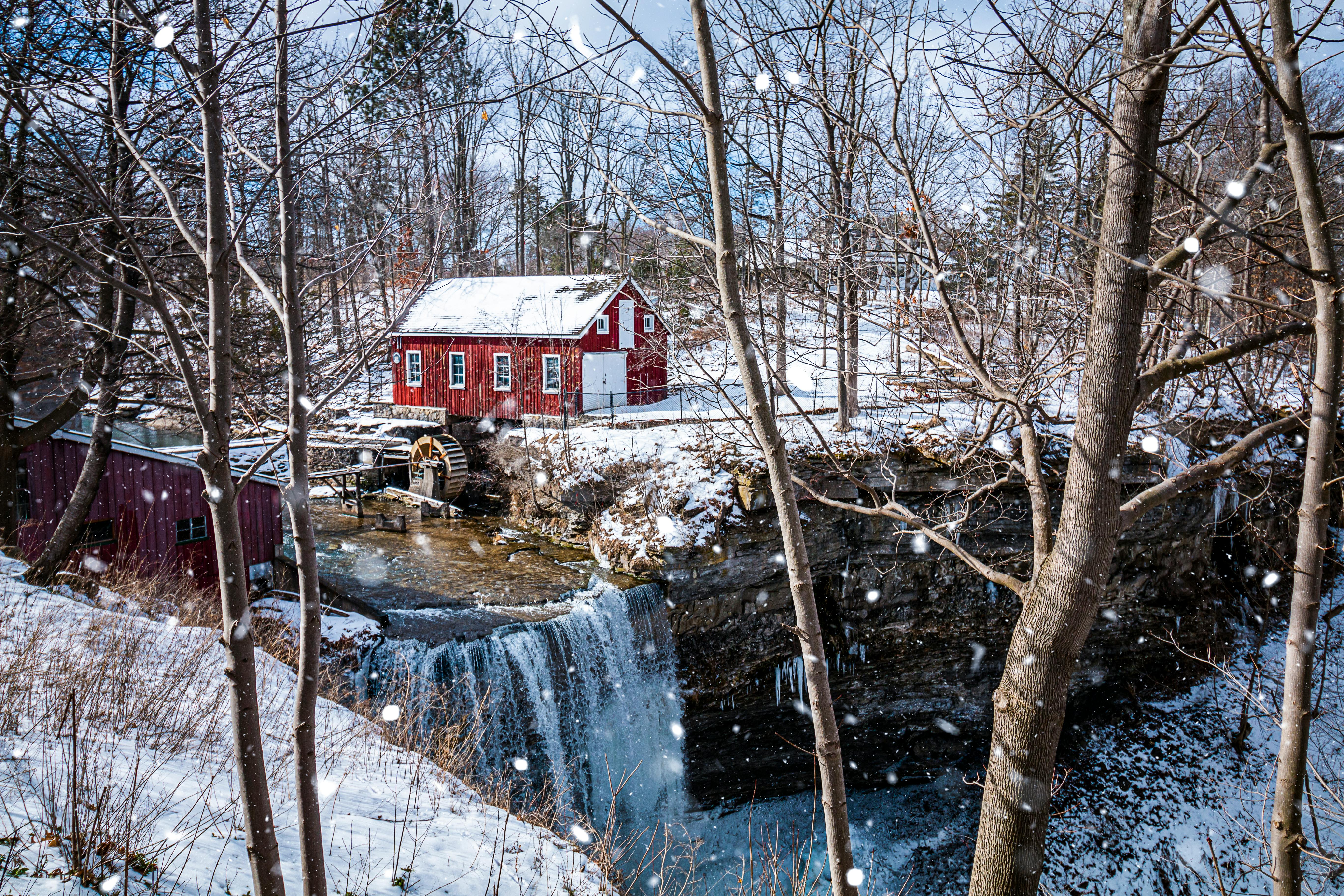 red barn near leafless trees