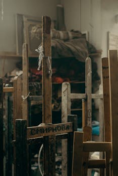 乡村艺术家的工作室里摆满了木制画架和艺术用品，洋溢着一种创作的氛围