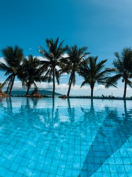 Serene poolside scene with palm trees and clear blue sky, perfect for a tropical getaway.
