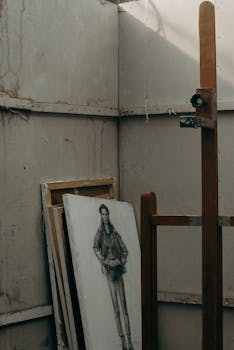 在灯光昏暗的艺术工作室里，素描靠在画架上的画布上