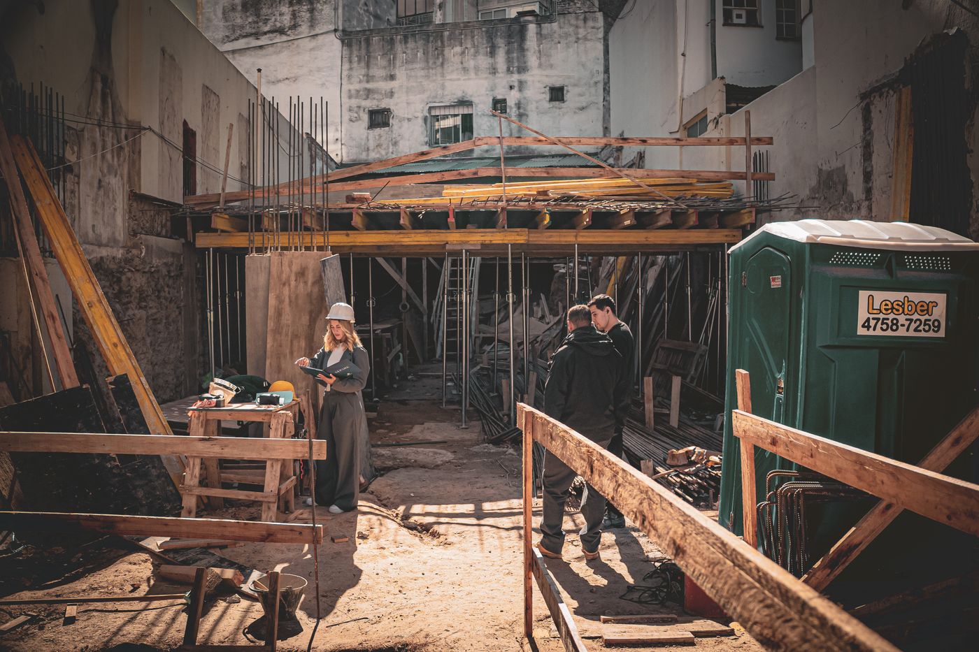 Construction and site team reviewing plans near a mobile facility trailer