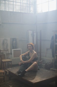 一位女性坐在雾蒙蒙、灯光柔和的艺术工作室里，创作肖像