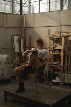 女艺术家在乡村工作室里静坐，展现着内省与创造力