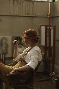 一位年轻的女艺术家在乡村画室里沉思，展现出创造力和沉思