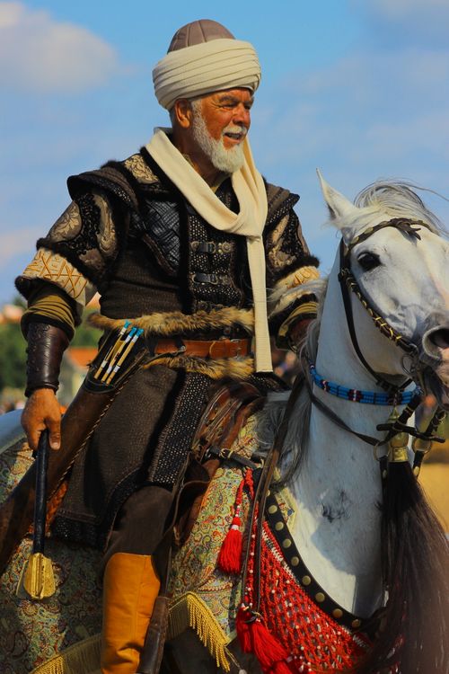 Free A man in traditional Turkish warrior attire rides a decorated horse during daylight in Istanbul. Stock Photo