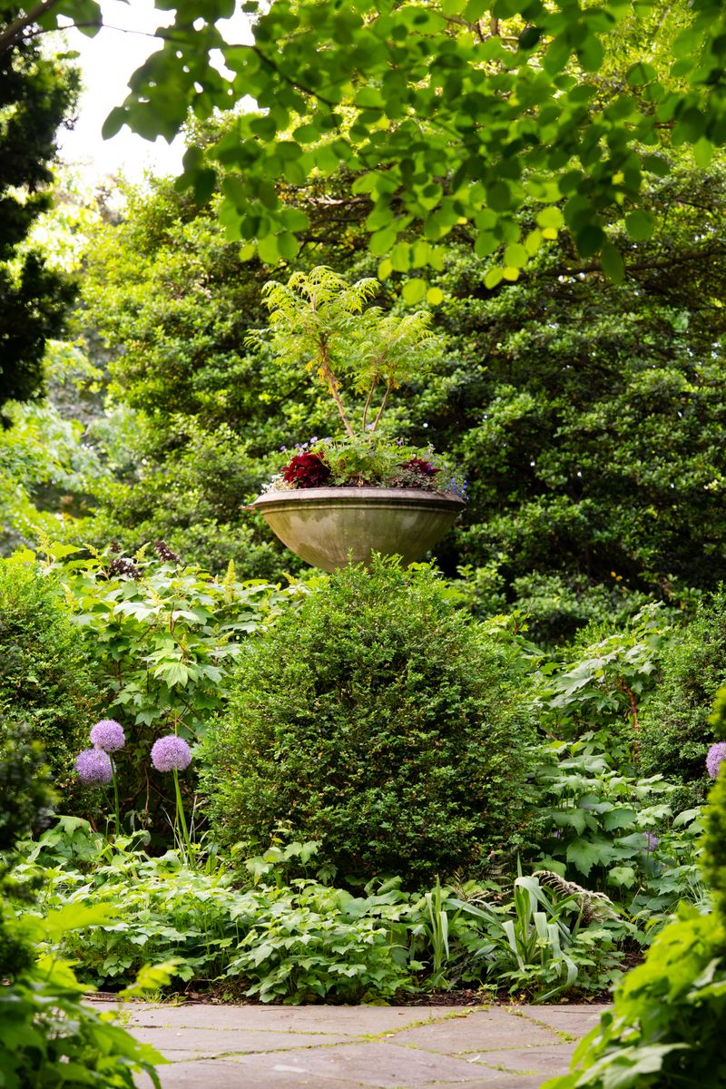 Vibrant summer garden with lush greenery and floral centerpiece in New York.