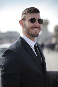 一位穿着黑色西装、戴着太阳镜的商人，在户外自信地微笑着，现代发型更显自信