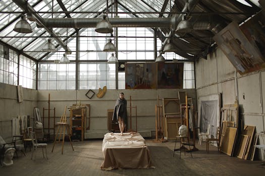 A model stands on a table amidst artistic clutter in a spacious, sunlit studio.