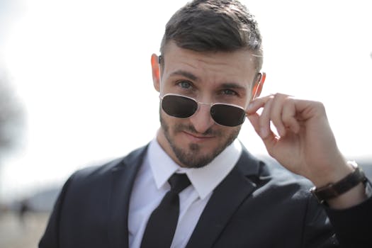 一位自信的商人穿着黑色西装，戴着太阳镜，站在户外