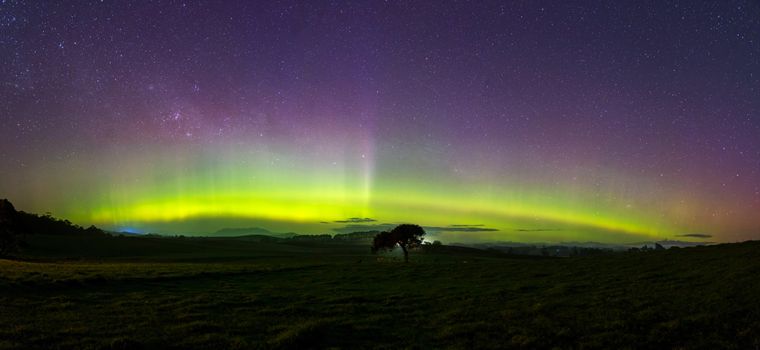Stunning display of the aurora australis over the night sky in Sheffield, Tasmania, Australia.