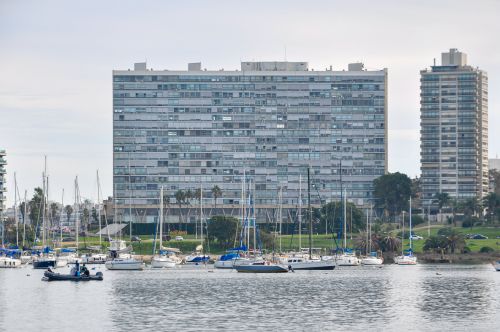 Free Skyline of Montevideo featuring sailboats and modern buildings along the waterfront. Stock Photo