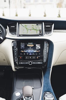 Luxurious car interior featuring advanced dashboard controls and navigation system for technology enthusiasts.