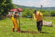 A father and son work together in a vibrant green field during springtime.