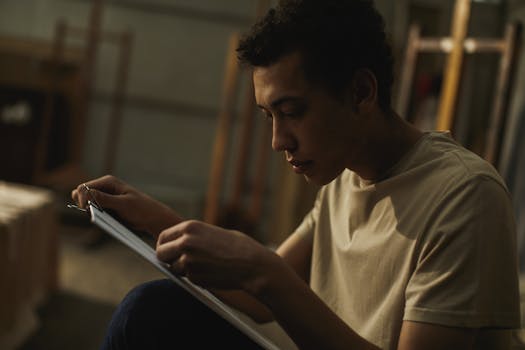 一位年轻人在室内工作空间专注于艺术创作