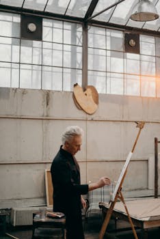 一位艺术家在光线充足的工作室里全神贯注地在画布上作画