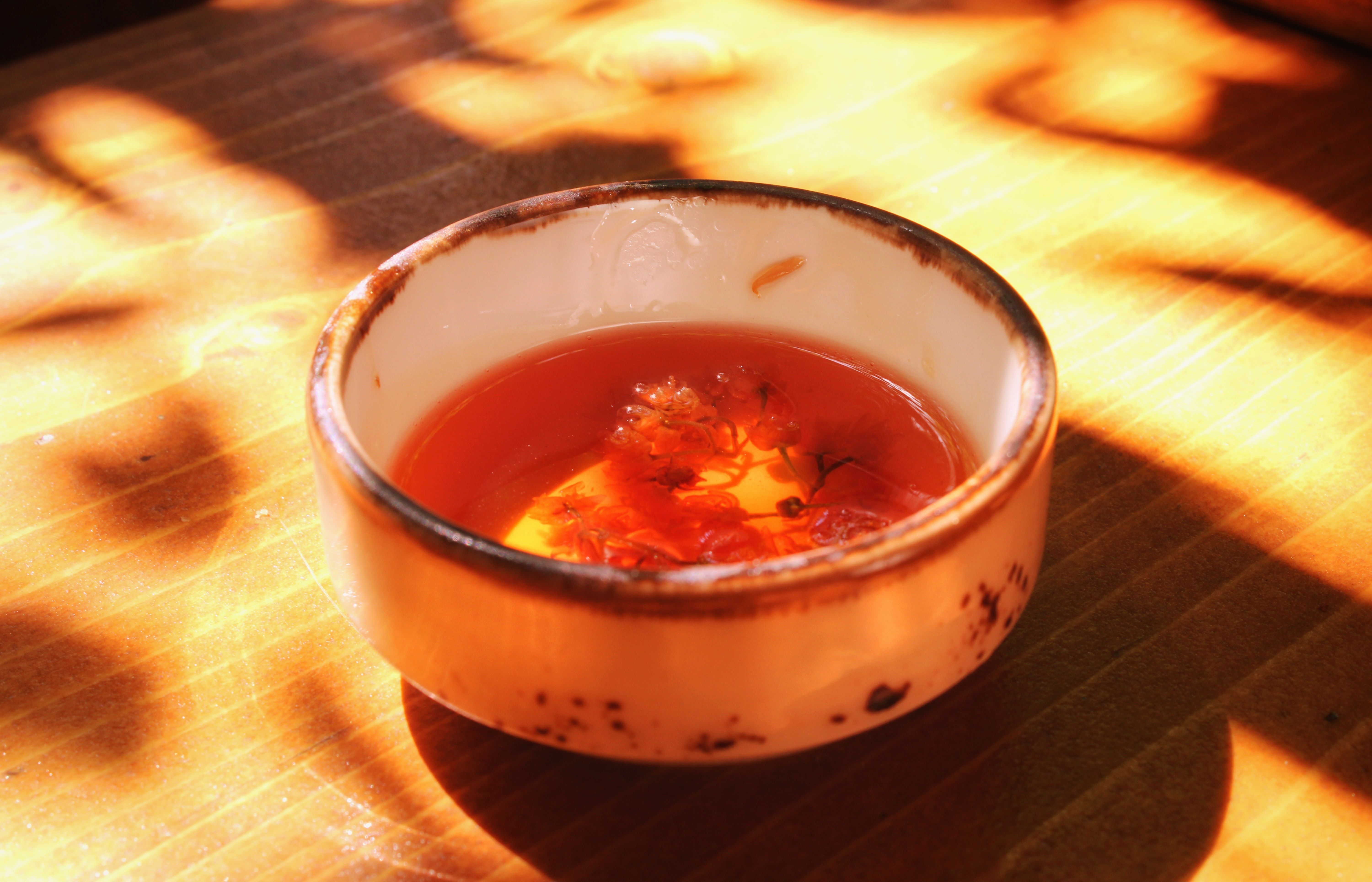Warm herbal tea in ceramic cup catching golden sunlight - the ideal preparation method for dissolving premium shilajit resin for morning supplementation