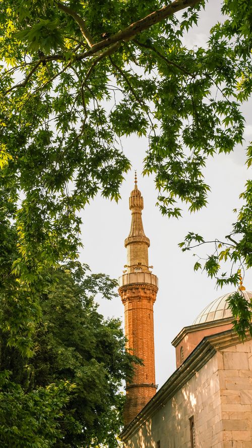 Free A historic minaret surrounded by lush green foliage under a clear sky, creating a serene outdoor scene. Stock Photo