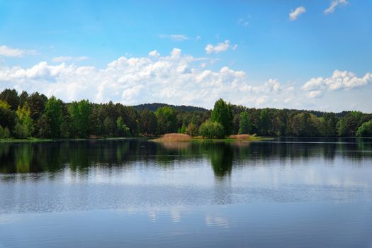 Peaceful lake surrounded by lush green forest under a bright sky, perfect for nature and travel themes.