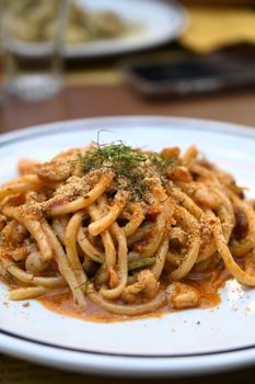 Close-up of a flavorful Italian pasta dish with herbs, perfect for food lovers.