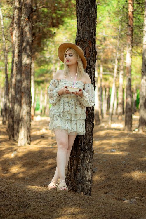 Free Young woman in a summer dress and hat enjoying a sunny day in a forest. Stock Photo