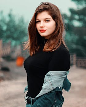 一名年轻女子在户外自信地微笑着摆姿势，她的嘴唇充满活力