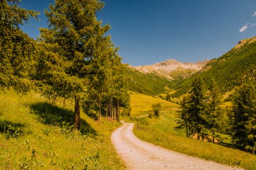 Free Peaceful mountain landscape with a winding path in Cervières, France. Stock Photo
