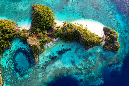Free Breathtaking aerial view of a lush tropical island surrounded by turquoise waters in Southwest Papua, Indonesia. Stock Photo