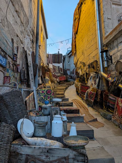 Free Charming view of an old market street with traditional rugs and antiques for sale. Stock Photo
