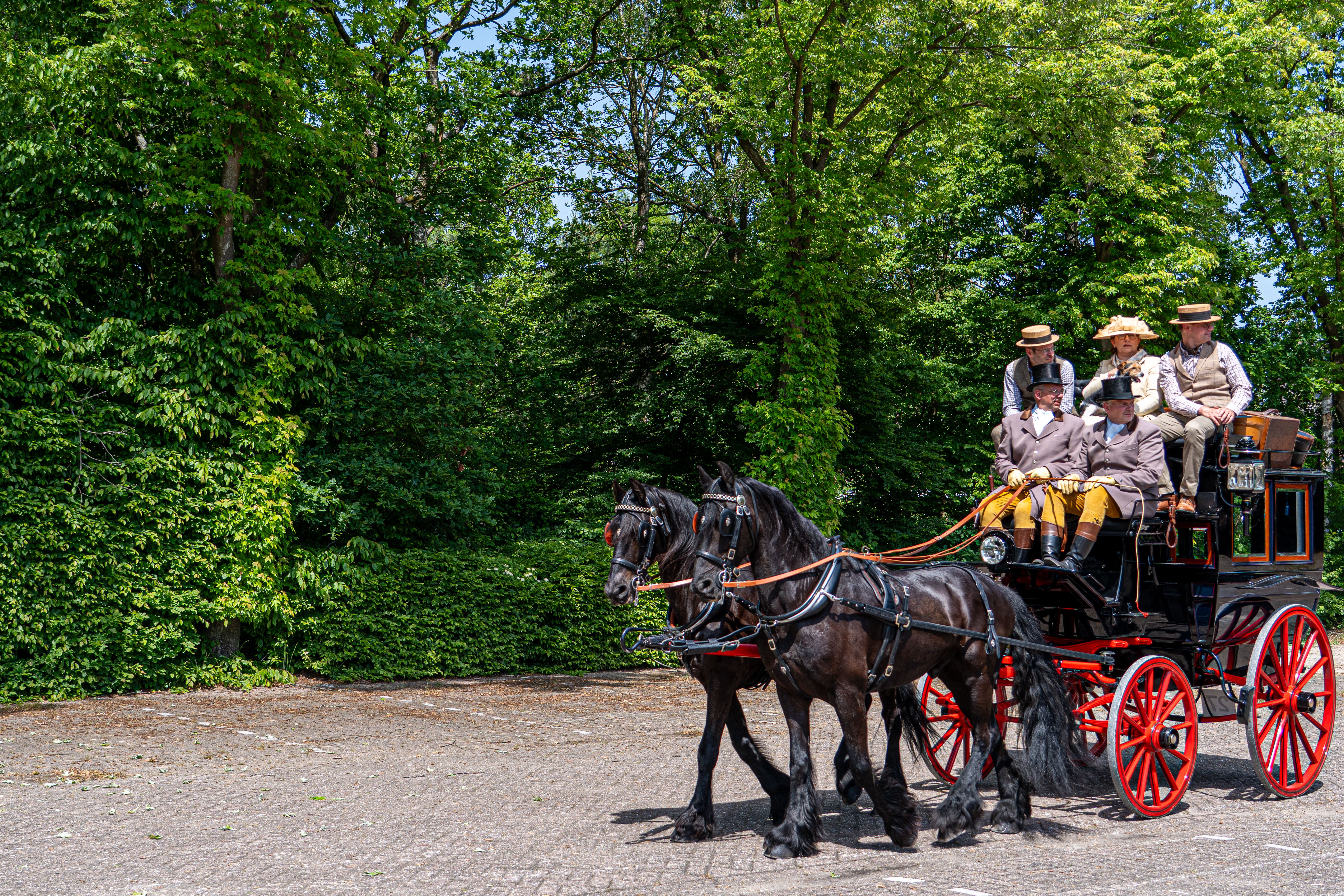 Retro horse-drawn carriage with costumed riders passing through a tree-lined park under a sunny sky.