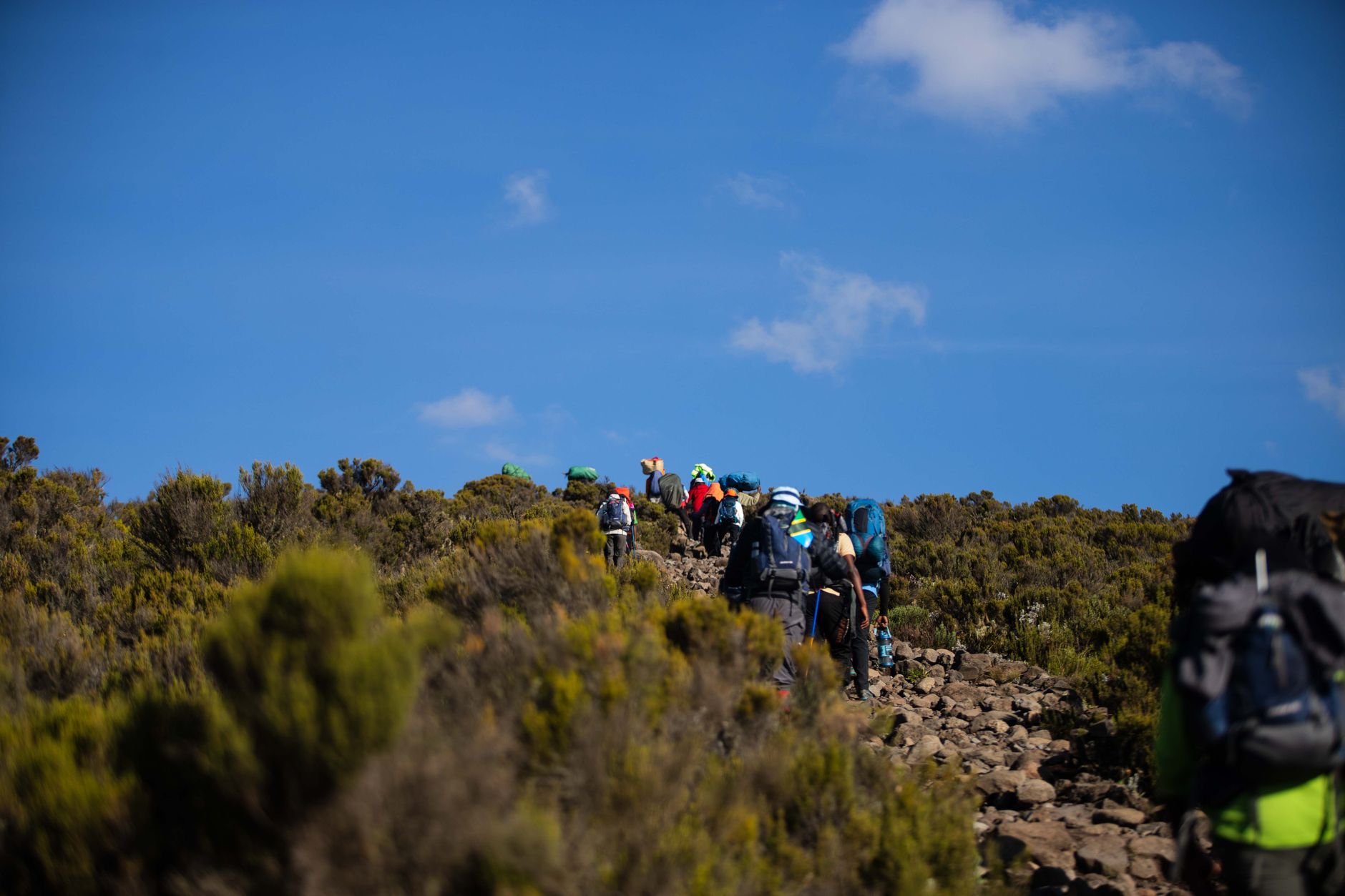 Group of hikers climbing a scenic mountain trail under a clear blue sky.